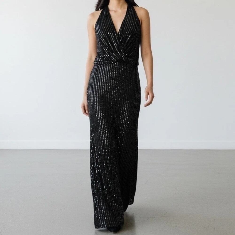 Calvin Klein Sleeveless V Neck Blousson Top Sequin Sparkle Maxi Dress Gown Black